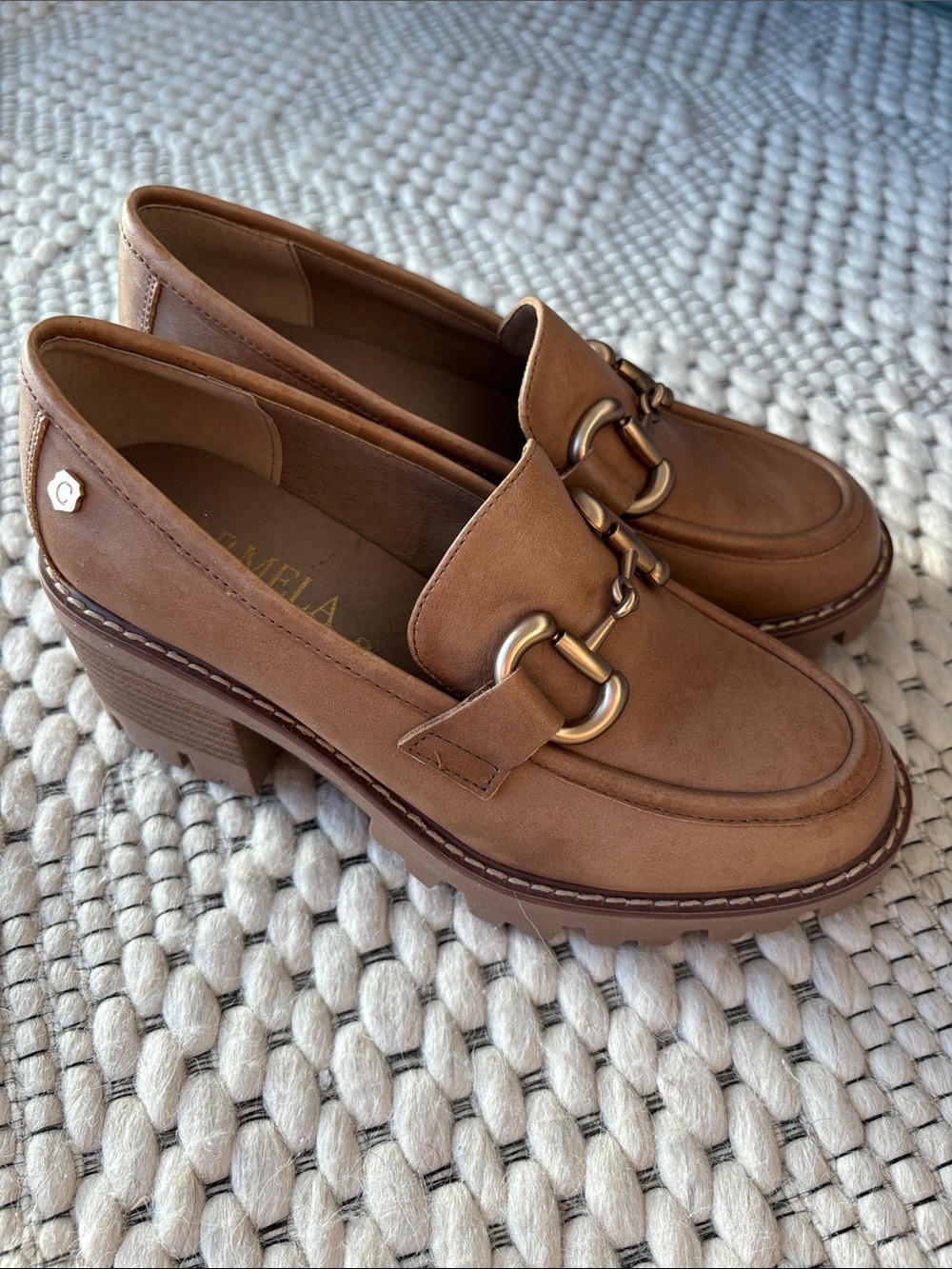 Carmela Tan Brown Lug sole Horsebit Heels